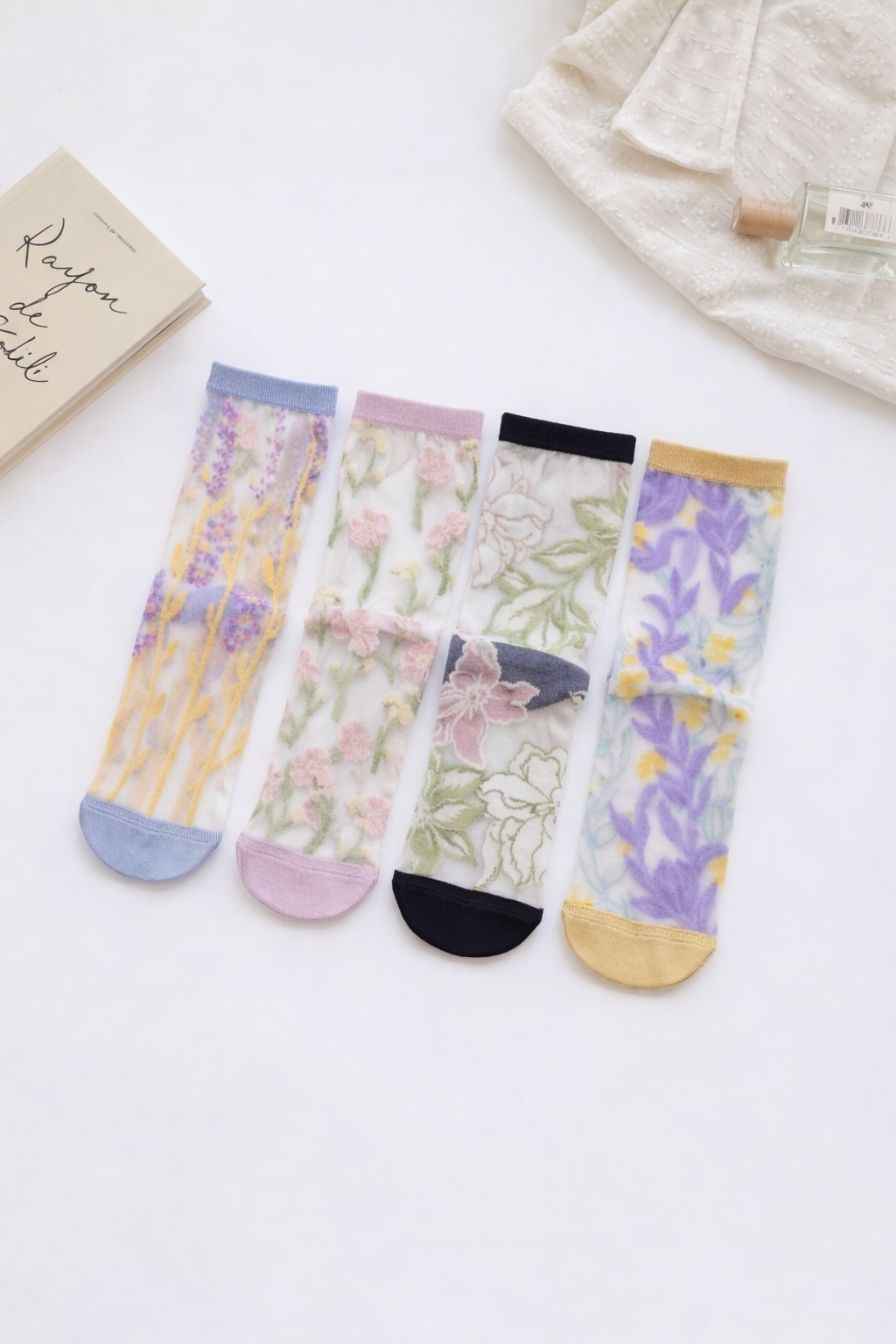 Floral Pattern Sheer Socks 4-Pack