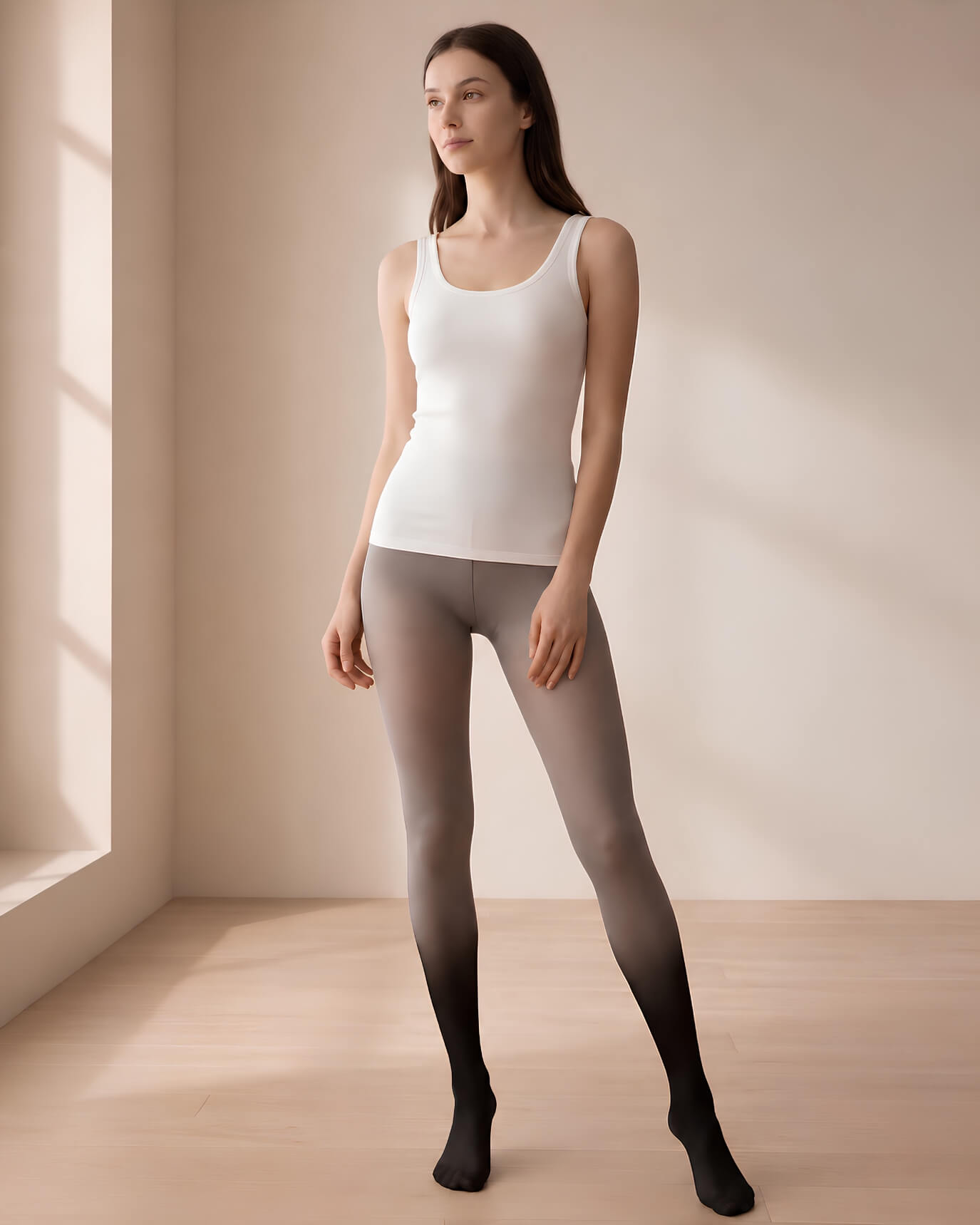 Gradient Sheer Tights featuring a lightweight sheer construction with a high-waisted fit and bold black gradient detailing toward the lower legs, worn by a model in a minimalist indoor studio with warm natural lighting for a clean and elevated everyday look.