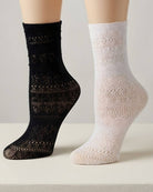 Lace Pattern Sheer Sock featuring ankle-length sheer knit socks with intricate lace-style patterning in black and white, displayed on raised feet against a neutral background, highlighting breathable texture, stretch fit, and lightweight comfort.