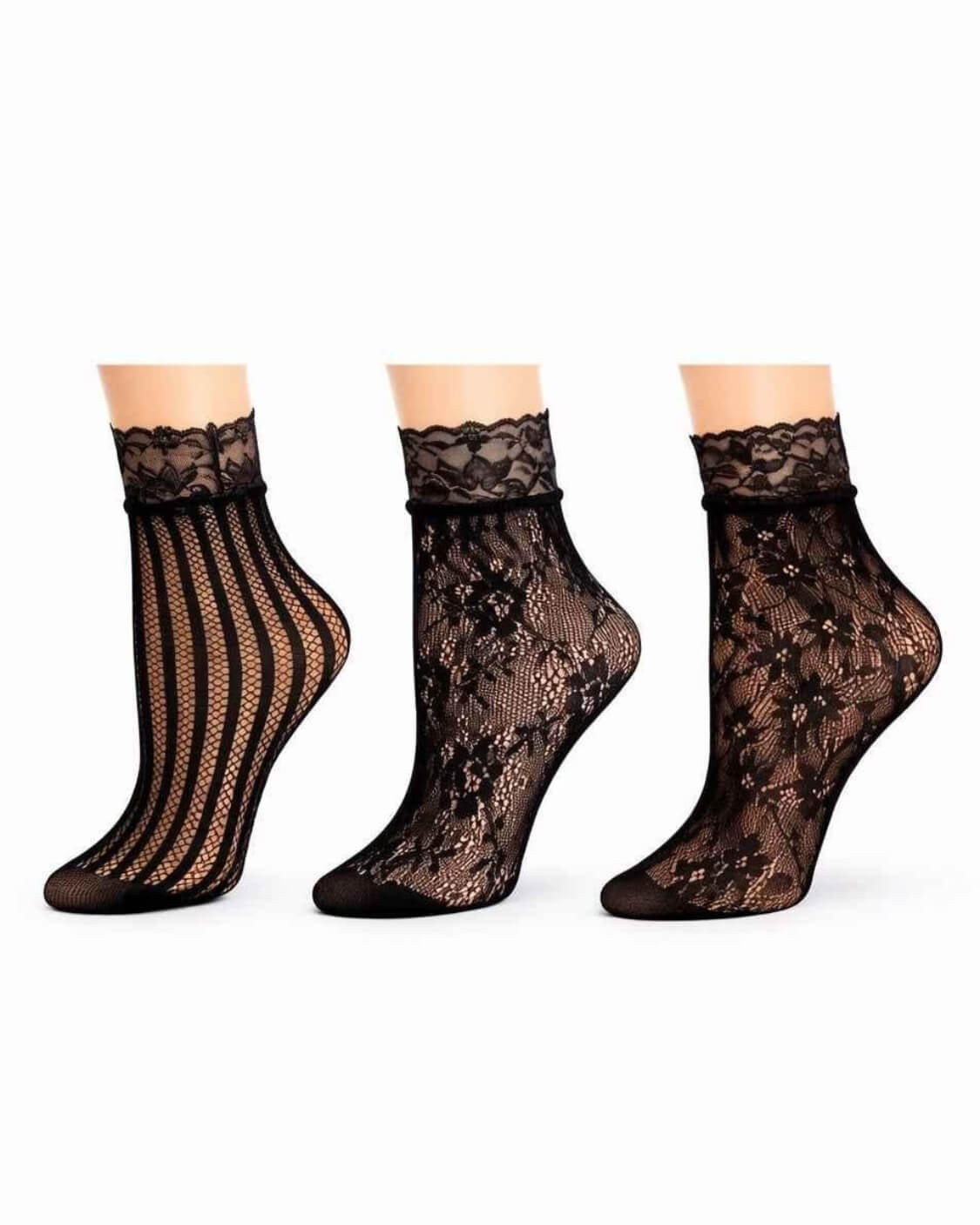 3-Pack Romantic Floral Fishnet Socks featuring three black sheer ankle socks with striped mesh, floral lace, and botanical patterns, displayed together on a white studio background, highlighting pattern variety and lightweight stretch comfort.