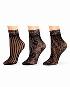 3-Pack Romantic Floral Fishnet Socks featuring three black sheer ankle socks with striped mesh, floral lace, and botanical patterns, displayed together on a white studio background, highlighting pattern variety and lightweight stretch comfort.