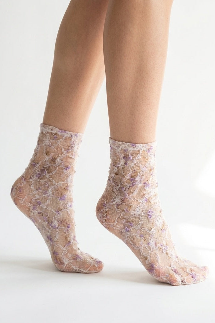Sheer floral ankle socks with delicate purple embroidery – lightweight feminine transparent fashion socks for women