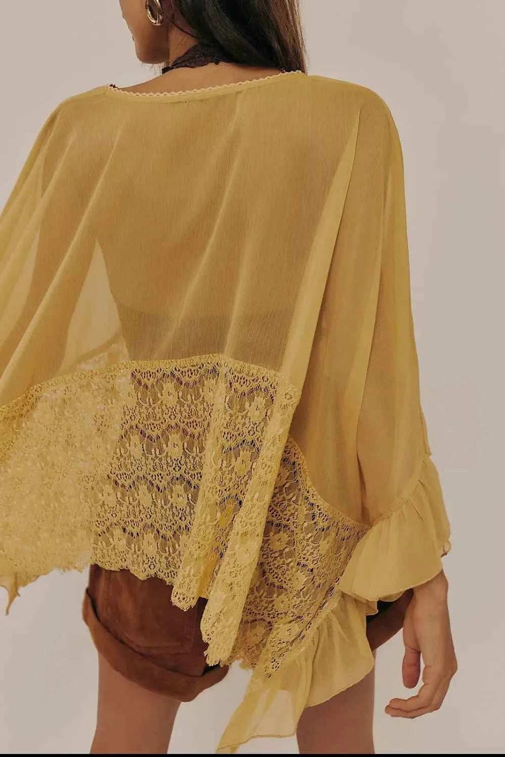 Lace Ruffle Long Sleeve Cover-Up