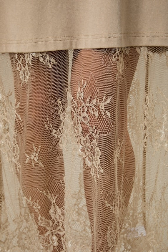 Detailed close-up of the taupe Round Neck Lace Joined T-Shirt Maxi Dress highlighting the contrast between smooth bodice fabric and sheer lace texture.