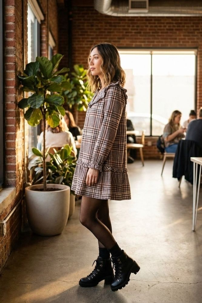 Larry Dress, side view showcasing the relaxed silhouette, brown checkered fabric, ruffle hem, and oversized collar styled with black tights and lace-up boots in a warm indoor space.