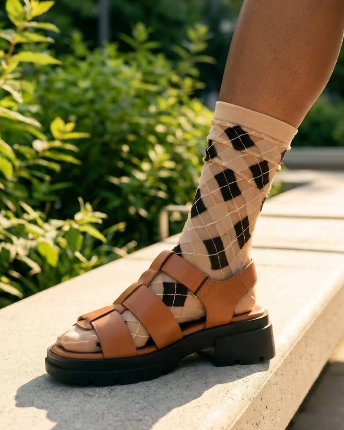 Sheer Argyle Crew Socks in beige and black with classic diamond pattern, styled with brown platform sandals while seated on outdoor steps, highlighting the semi-transparent fabric and modern argyle design.