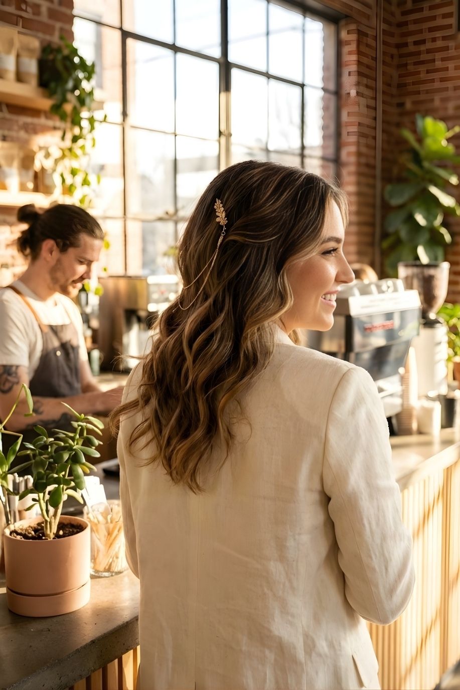 Bloom Bouquets Hair Chain featuring a dainty gold leaf hair accessory with cascading chains, styled on loose wavy hair, shown from a back angle in a bright modern café interior.