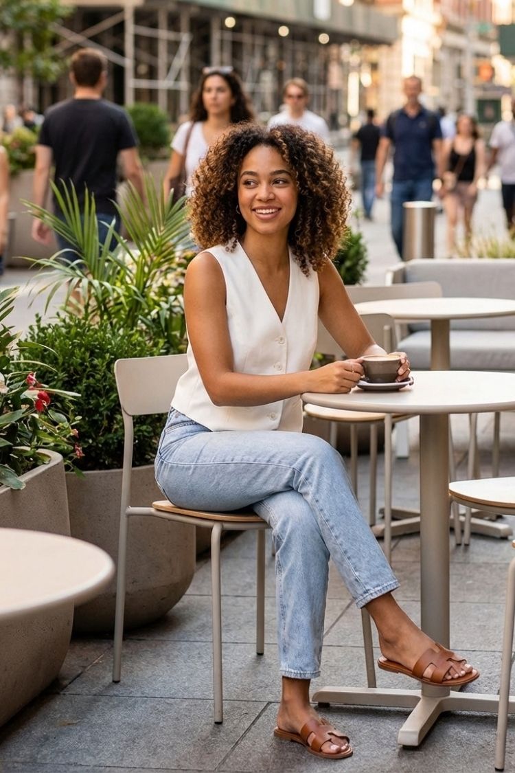 Naples Vest, off-white sleeveless button-front vest paired with light-wash jeans and tan sandals, styled at an outdoor café setting, showcasing the versatile polished-casual feel and easy drape.