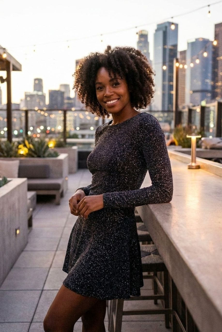 Mika Metallic Mini Dress, black long-sleeve shimmer mini dress with a fitted waist and flared hem, shown from a side angle as the model leans against a rooftop bar, emphasizing the glittering finish and flattering shape in evening light.