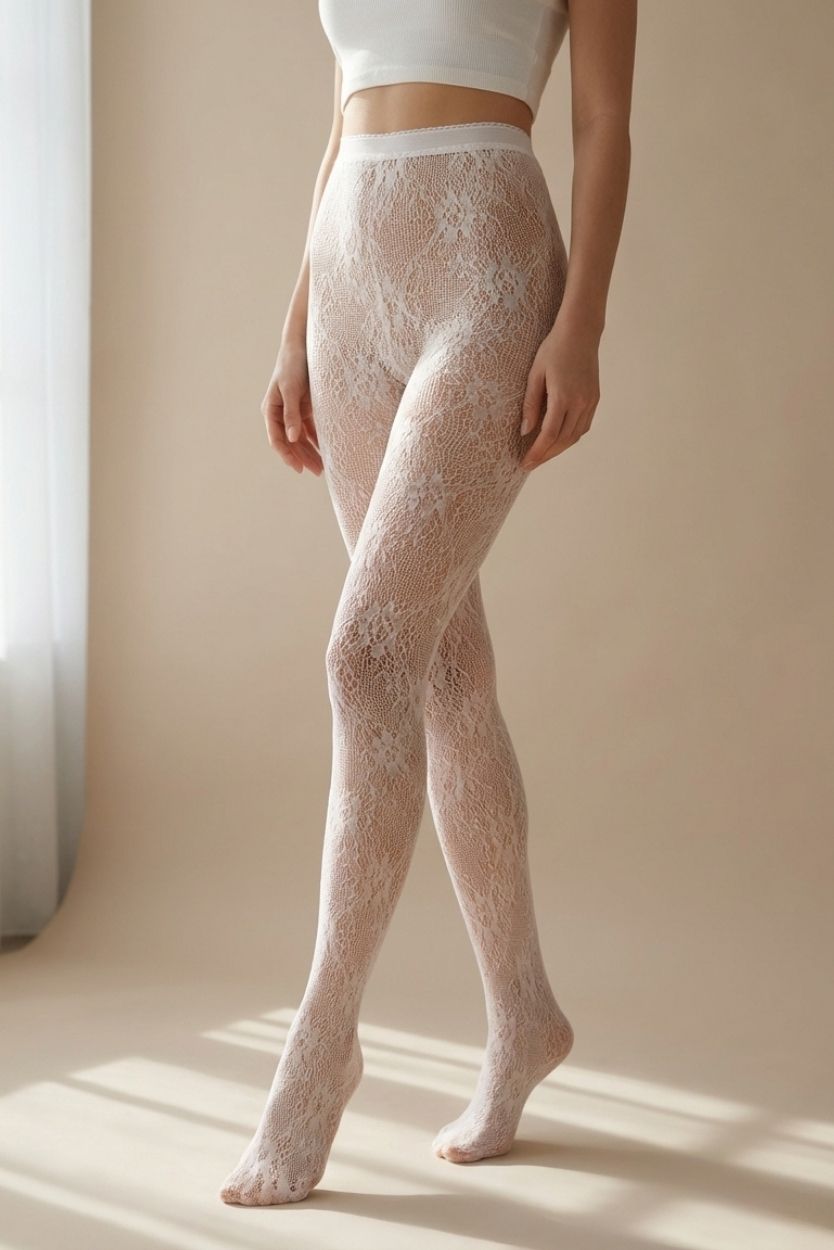 Sheer Floral Lace Tights featuring a delicate floral pattern and high waist fit, styled in a softly lit indoor setting near a window, highlighting the smooth stretch and elegant leg coverage.