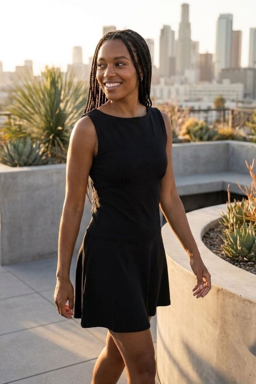 Slow Dancing Mini Dress featuring a sleeveless design with structured waist and flared hem, styled on a rooftop garden setting, highlighting the smooth silhouette and relaxed elegant style.