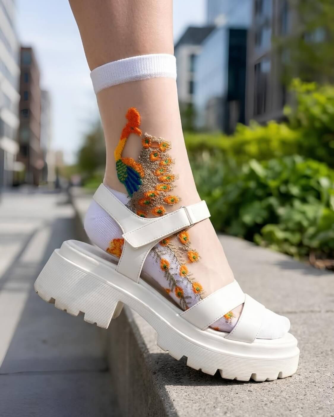 4-Pack Peacock Sheer Mesh Socks featuring airy sheer mesh fabric with colorful peacock embroidery and flexible ankle cuffs, styled with chunky platform sandals outdoors, highlighting the decorative detailing and fashion-forward streetwear styling.
