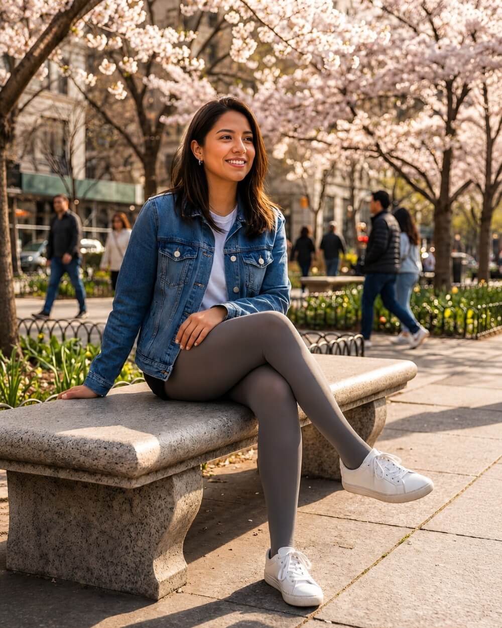 Lightweight Semi Opaque Tights in gray, featuring a lightweight semi-opaque knit and even coverage, styled with a denim jacket and sneakers, shown on a model seated on a park bench under blooming trees.