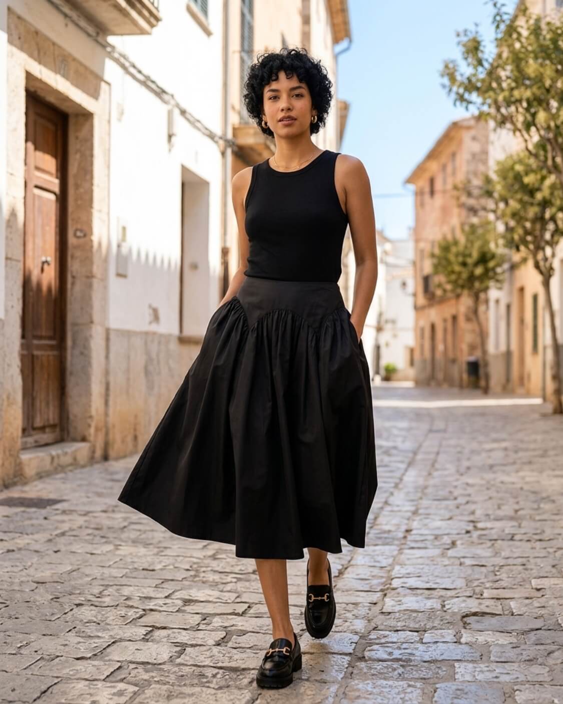 Poplin Cotton Smocked Flare Midi Skirt featuring a wide waistband, gathered flare silhouette, midi length, and side pockets, styled with a sleeveless top and loafers on a cobblestone street, highlighting everyday polished styling.