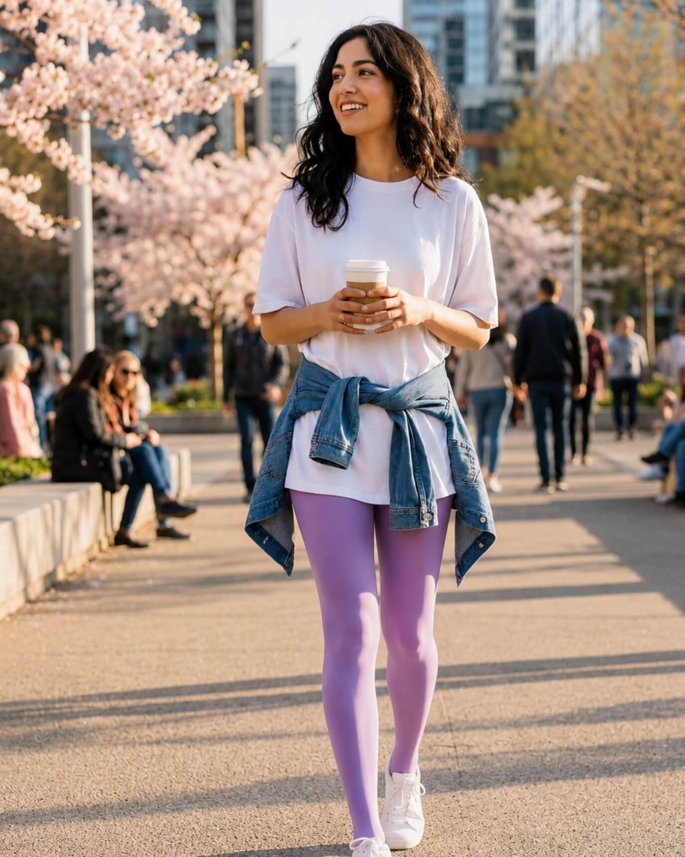 Lightweight Semi Opaque Tights in lavender, featuring a smooth semi-sheer knit and flexible fit, styled with a relaxed tee and sneakers, shown on a model walking through a park with spring blossoms.
