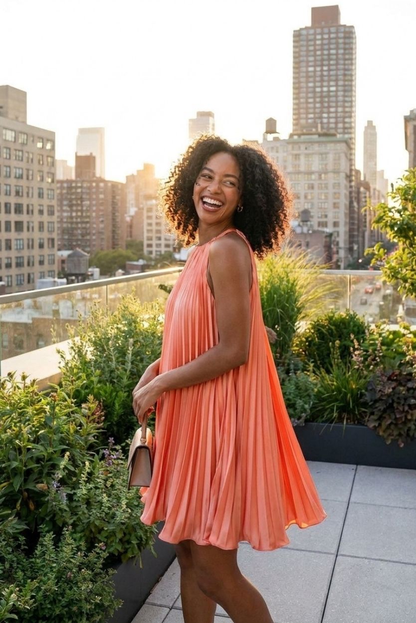 Accordion Pleated Dress, coral sleeveless pleated mini dress with a high neckline, shown from a side angle as the model stands on a rooftop garden, emphasizing the airy silhouette and soft drape of the pleats in motion.
