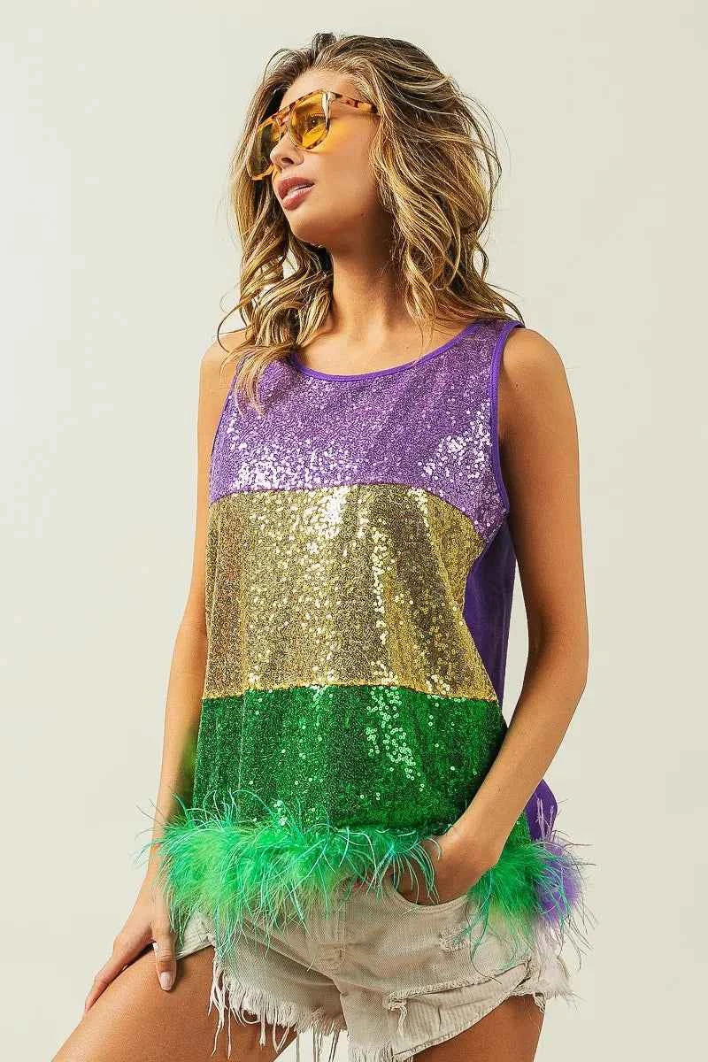 Faux Feather Hem Sequin Top - Love Classic 5