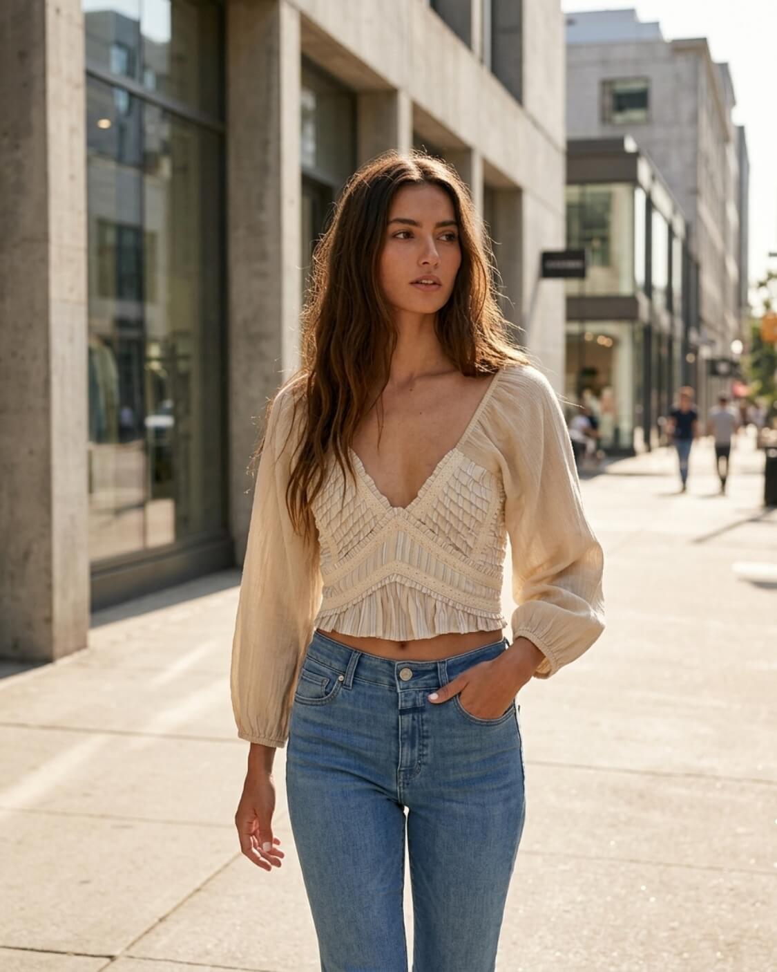 Tied To You Top featuring a plunging V neckline, wide gathered sleeves, pleated front texture, and a short ruffled hem, worn with denim on an urban walkway, highlighting the fitted bodice and airy sleeve shape.