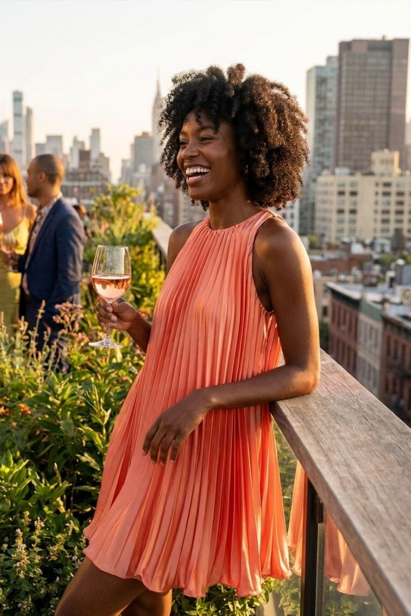 Accordion Pleated Dress, coral sleeveless mini dress with accordion pleats and a high neckline, styled for an evening rooftop setting as the model leans on a railing holding a drink, showcasing the fluid texture and elegant movement of the fabric.