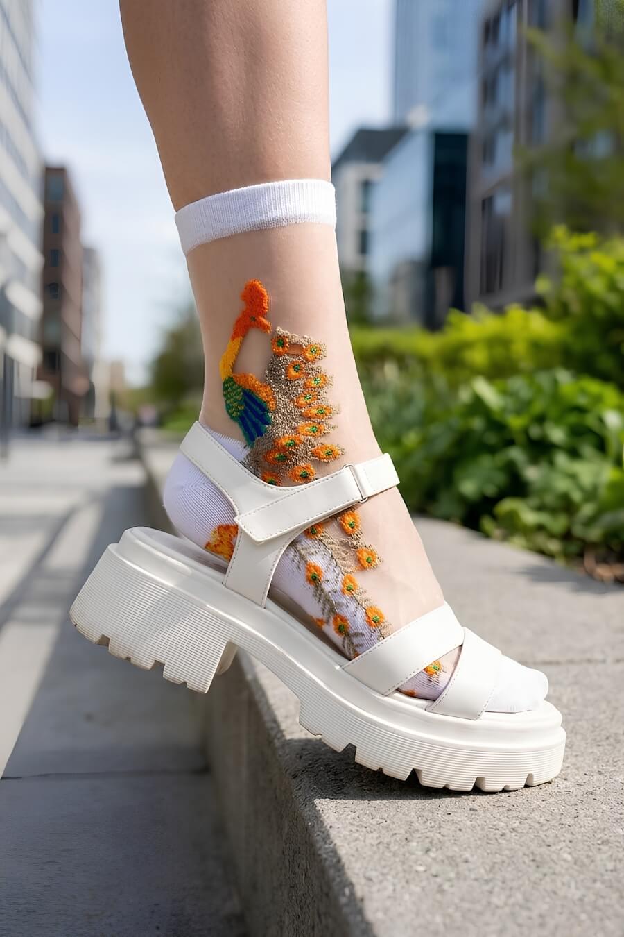 Peacock Sheer Mesh Socks featuring sheer white mesh fabric with vivid peacock embroidery and soft white cuff detailing, paired with chunky white platform sandals during an outdoor city walk, showcasing the fashionable transparent design and versatile styling for modern streetwear looks.