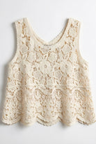 Crochet Lace Tank Top featuring a cream floral crochet lace design with intricate openwork pattern and scalloped hem, shown laid flat against a neutral background, product-only view.