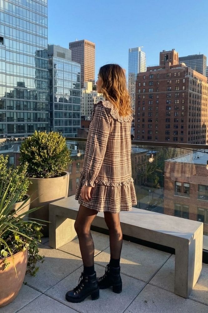 Larry Dress, back view featuring the brown checkered design, layered ruffle collar detail, long sleeves, and flared hem paired with black tights and lace-up boots on a rooftop terrace.