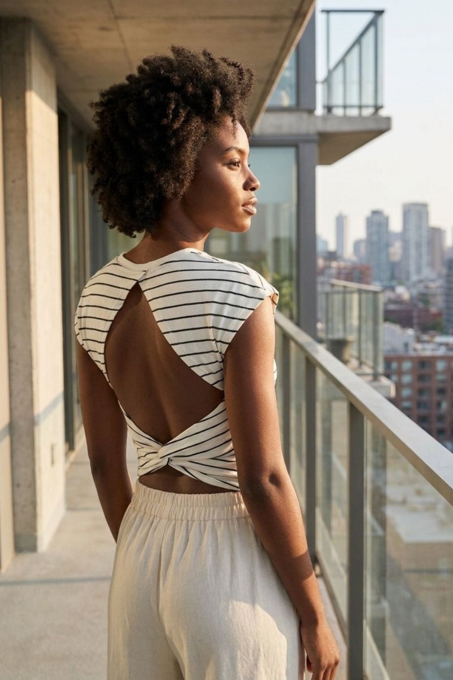 Striped Sleeveless Open Back Tank, cream striped sleeveless top with an open back and twist detail, paired with light, flowy pants, shown from behind on a balcony, showcasing the airy silhouette and modern back design.