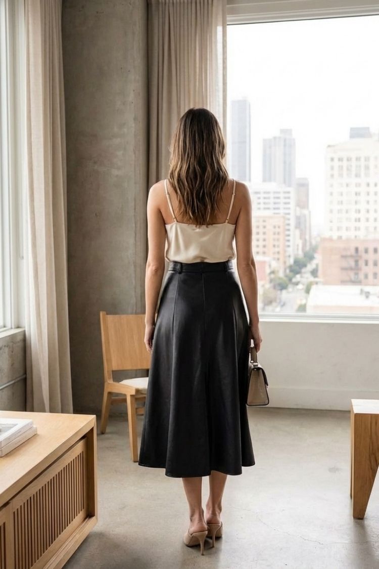 Saskia Skirt, high waist midi skirt with a clean back waistband and flared A line shape, captured in a rear view indoors near large windows, emphasizing the structured drape, mid calf length, and elegant flow from waist to hem.