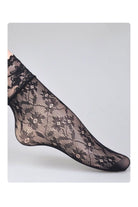 Black floral lace mesh ankle socks with a scalloped lace cuff, shown on a model against a light gray background.