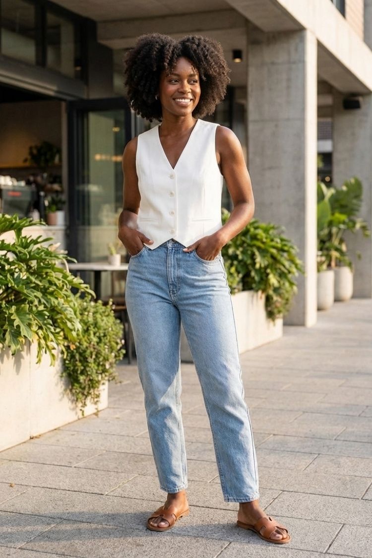 Naples Vest, tailored sleeveless V-neck vest in off-white with front buttons, worn with light-wash jeans and tan sandals outside a modern building, emphasizing the flattering fit and effortless everyday styling.