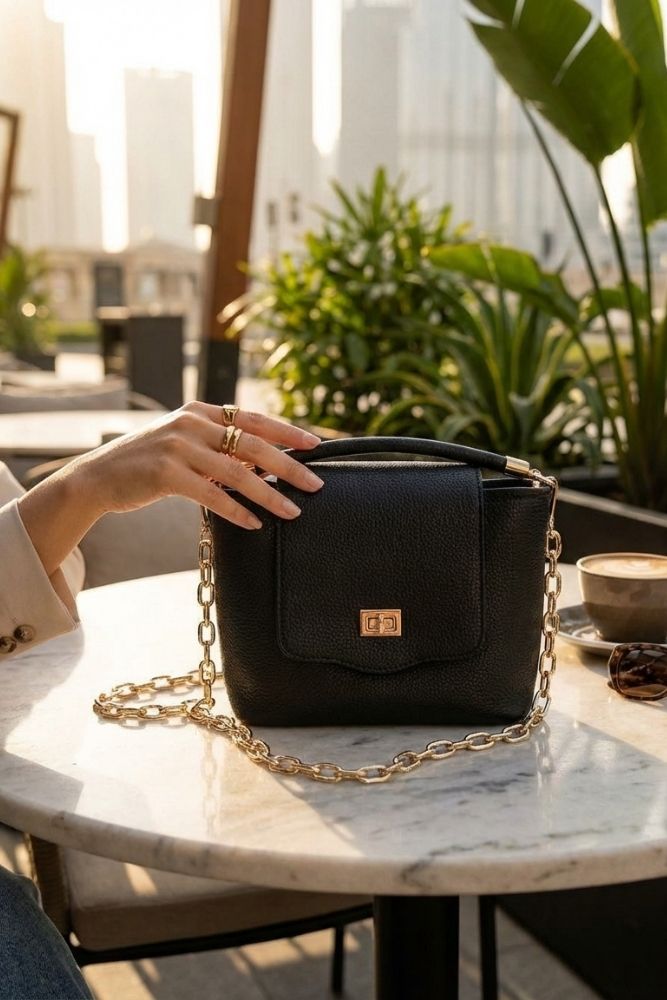 Ismene Leather Purse featuring a pebbled leather body with curved top handle, statement chain strap, and sleek front flap closure, displayed on an outdoor café table in warm sunlight, emphasizing sophisticated detail and modern charm.