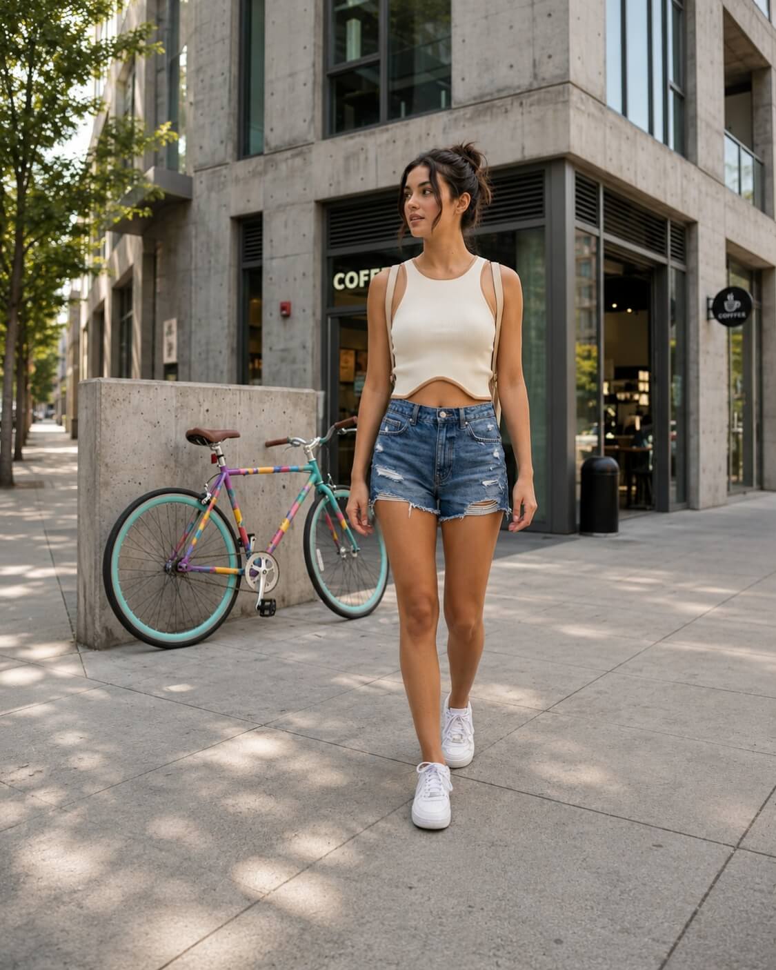 Shaper Fit Ribbed Knit Racerback Tank Top featuring a body hugging ribbed texture with a curved cropped hem and racerback cut, paired with distressed denim shorts while walking through a modern city street beside a colorful bicycle and skateboard, highlighting casual comfort and everyday movement.