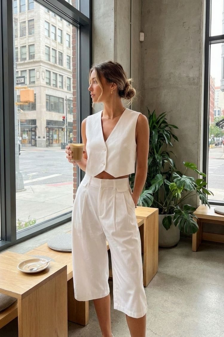Bologna Bermuda Shorts, high-waist tailored knee-length shorts in off-white with front pleats, styled with a matching vest indoors by a window, highlighting the polished look and soft drape.