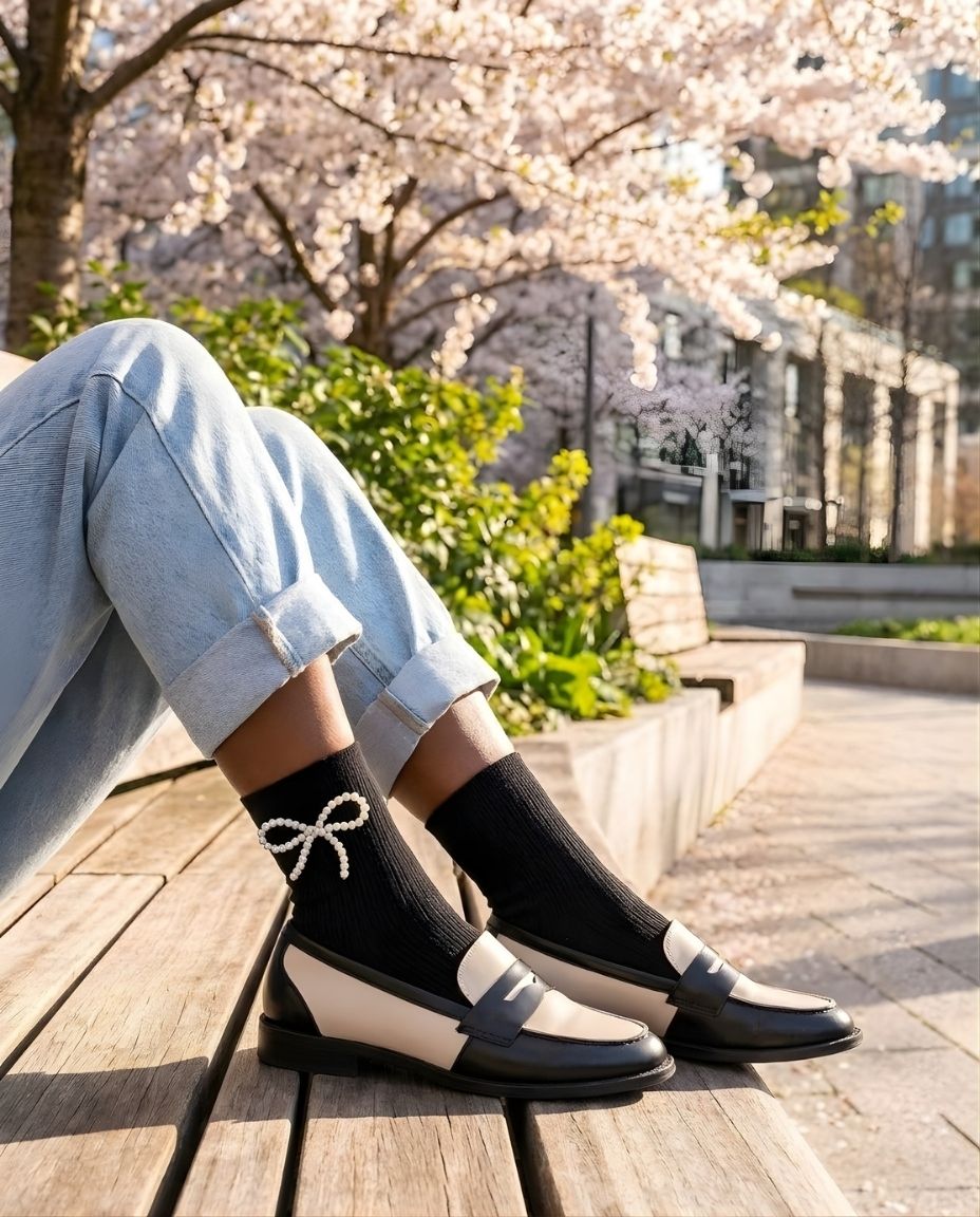 Pearl Bow Classic Ribbed Crew Socks featuring a classic ribbed texture and pearl bow detail at the ankle, styled with loafers and cuffed jeans on a wooden bench in a sunlit outdoor setting, highlighting comfort and a polished casual finish.