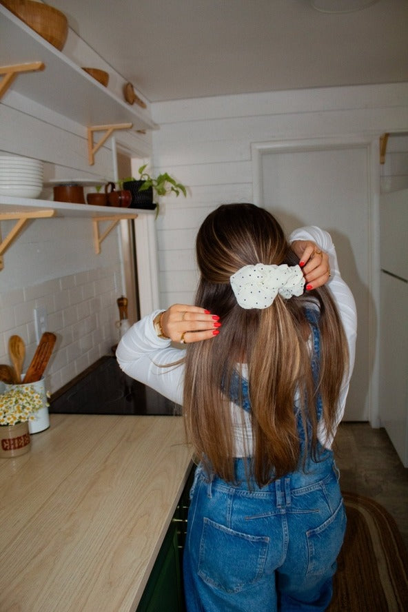 White with Black Dots Spotted Style Scrunchie