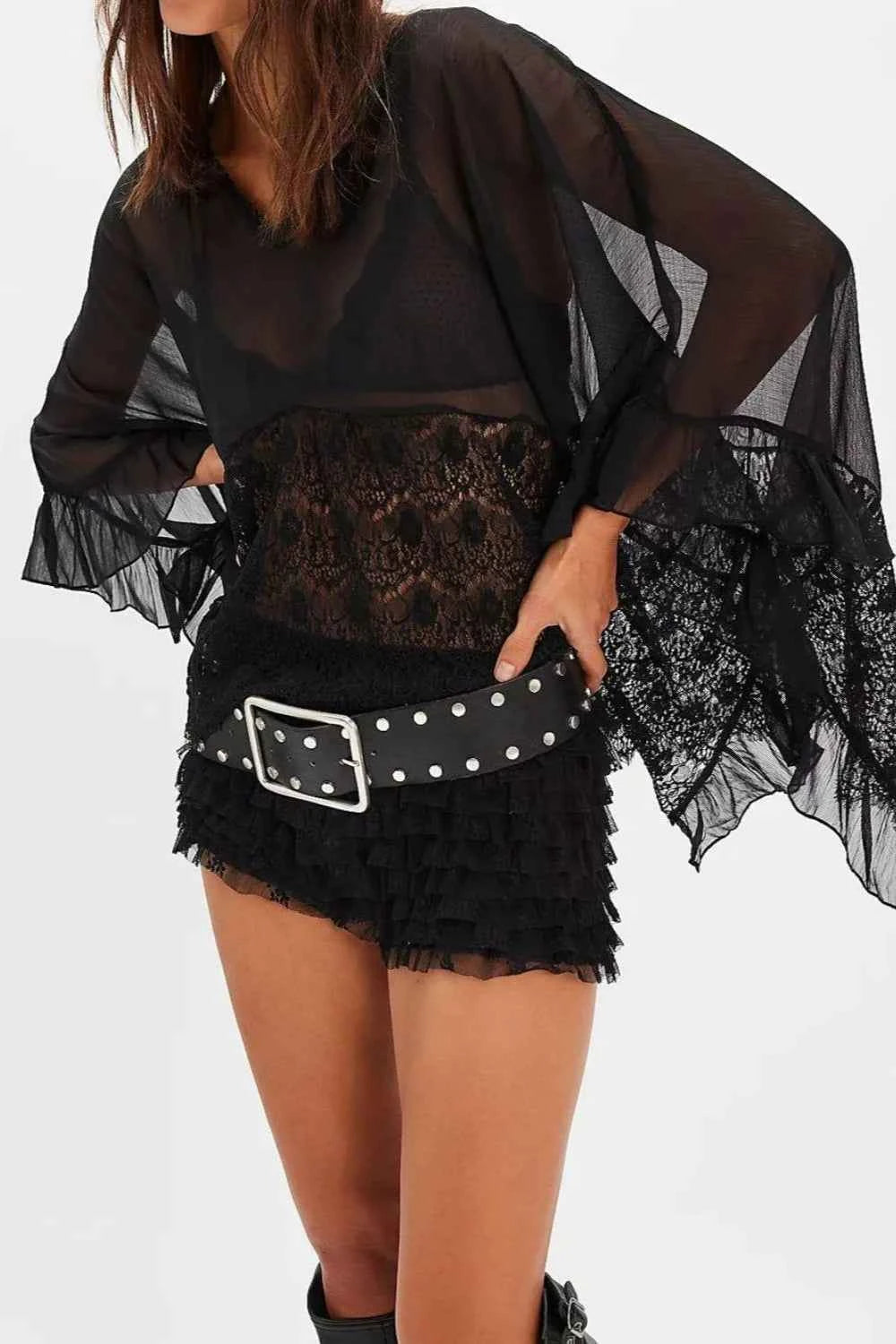 Lace Ruffle Long Sleeve Cover-Up