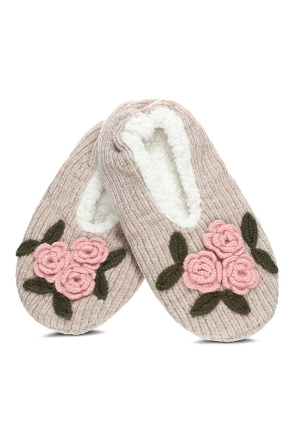 Coming Up Roses chenille slippers with pink crochet rose detail and soft sherpa lining, shown from top view 2