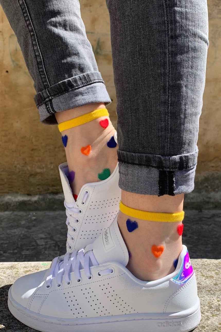 Sheer Ankle Heart Socks Yellow Multicolor - Love Classic 2