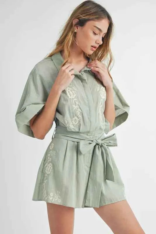 Embroidered Collared Romper in Dusty Sage