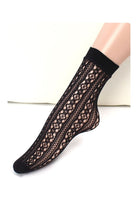 Black vertical floral lace mesh ankle socks with a scalloped lace cuff, shown on a model against a light background.