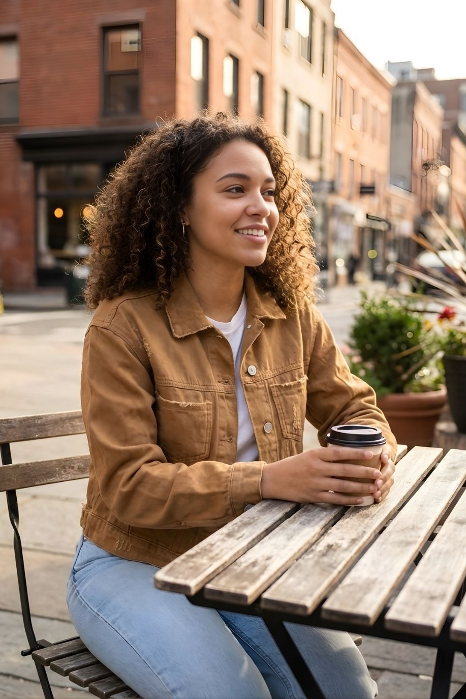 Long Sleeve Denim Jacket in tan, featuring a soft structured fit with button closure and chest pockets, styled with a white top and light blue jeans, shown on a model seated at an outdoor café table holding a coffee.