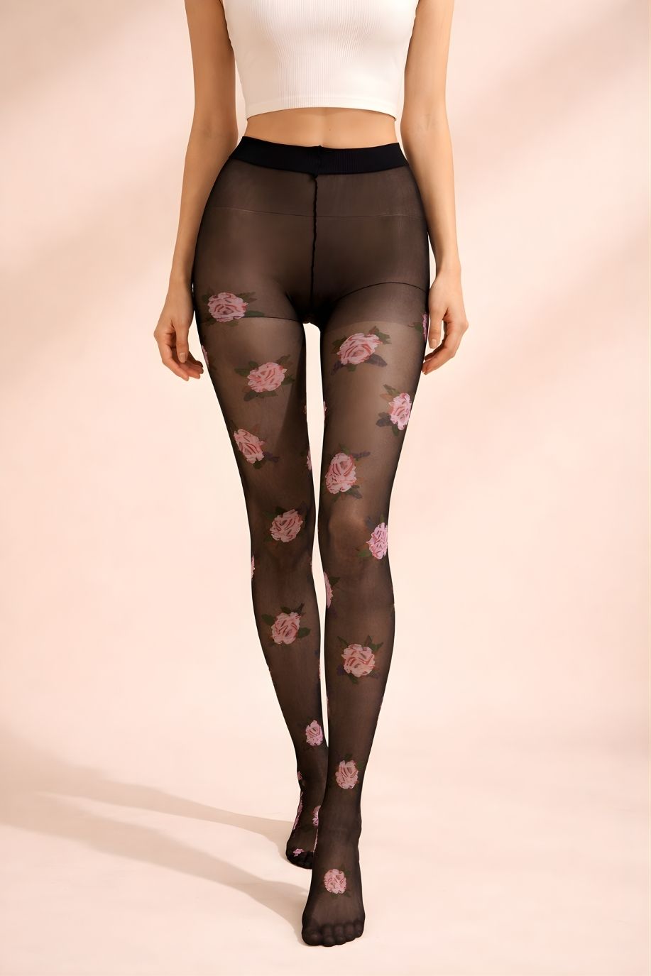 Romantic Rose Print Sheer Tights featuring a fine sheer knit with romantic rose pattern and reinforced waistband, shown in a front close-up view emphasizing the floral placement and even coverage.