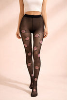 Romantic Rose Print Sheer Tights featuring a fine sheer knit with romantic rose pattern and reinforced waistband, shown in a front close-up view emphasizing the floral placement and even coverage.