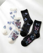 Butterfly Dreams Sheer Socks Bundle Pack featuring multiple sheer ankle socks with embroidered butterfly and floral motifs, arranged flat in light and dark variations on a sunlit studio surface, highlighting the translucent finish and assorted pack selection.
