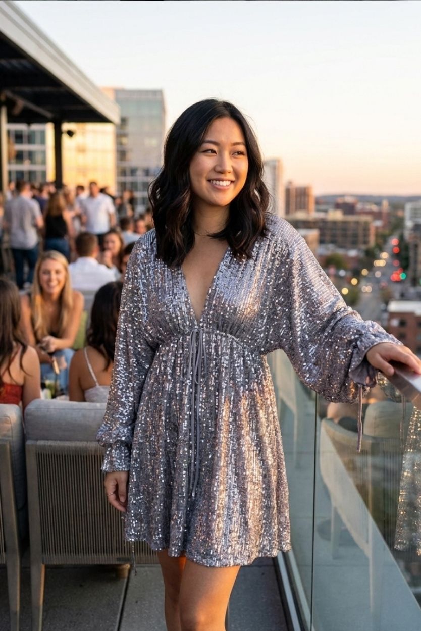 Evelina Dress sequin mini dress featuring long sleeves and adjustable tie front detail, styled at a rooftop bar setting during sunset, highlighting the flattering fit and effortless evening styling.