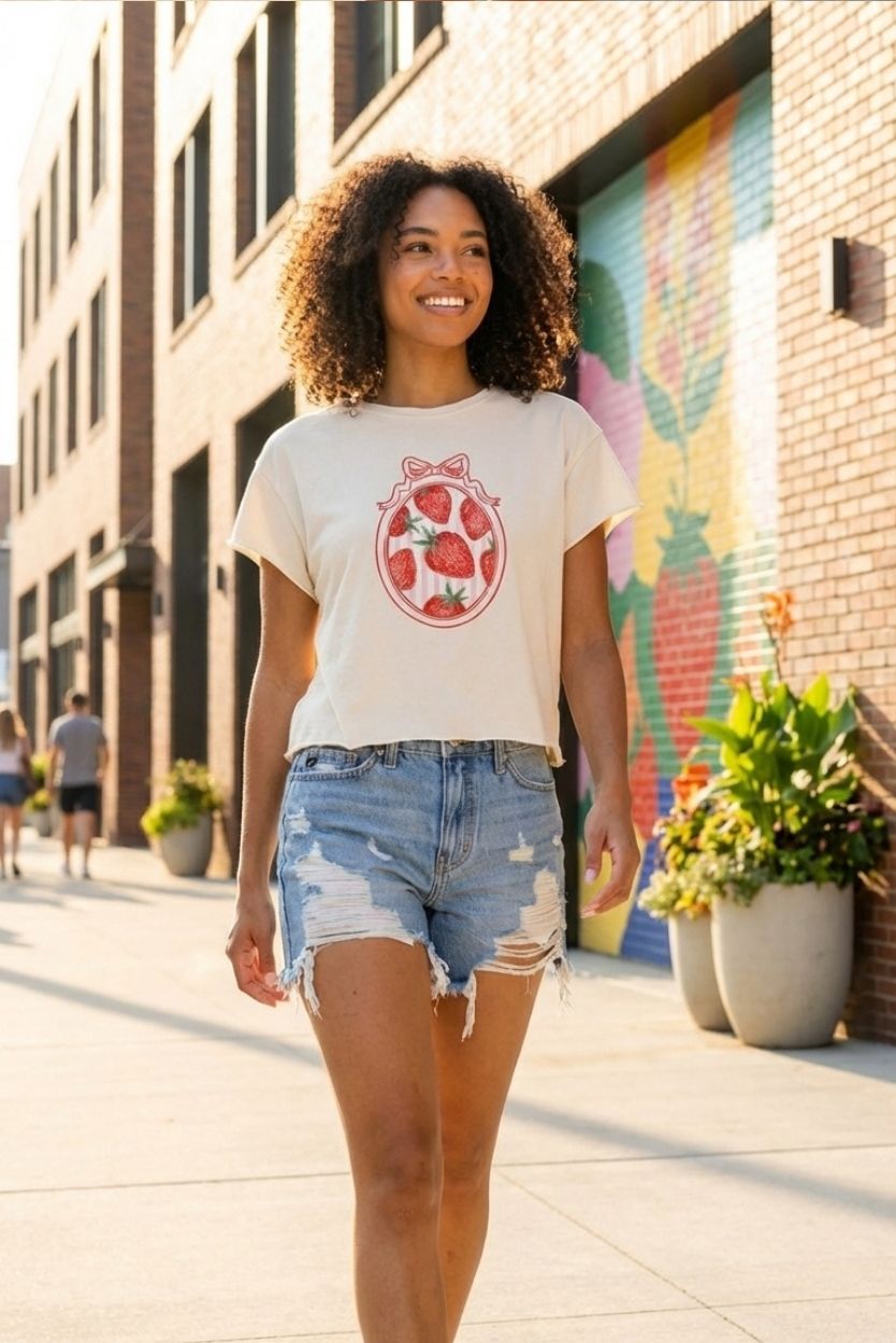 High Rise Distressed Denim Shorts featuring a high rise fit with ripped detailing and frayed hem, styled on a bright outdoor street setting, highlighting the relaxed silhouette and easy everyday wear.
