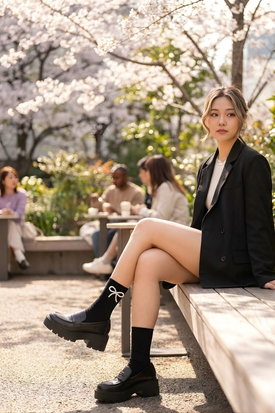 Pearl Bow Classic Ribbed Crew Socks featuring a stretchy ribbed fit with pearl bow embellishment, worn with chunky loafers and a tailored outfit while seated outdoors near blooming trees, highlighting a refined everyday style with a feminine accent.