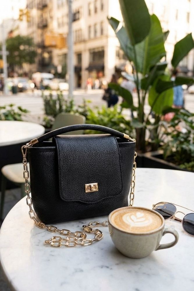 Ismene Leather Purse featuring a structured mini silhouette with rich black leather texture, gold-tone chain strap, and front clasp detail, styled with coffee and sunglasses at a city café, highlighting timeless style and elevated everyday wear.