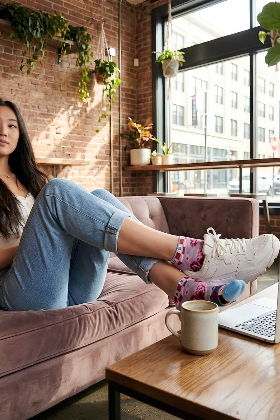 Dolce Vita Ultra-Short Sock featuring a lightweight ultra-short profile with floral rose motifs, striped cuff accents, and contrast toe panels, styled with rolled denim and white sneakers in a sunlit living space, highlighting versatile everyday comfort and playful styling.