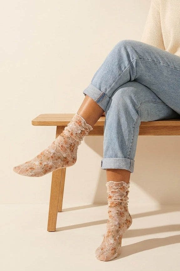 Sheer floral ankle socks with delicate orange embroidery – lightweight feminine transparent fashion socks for women